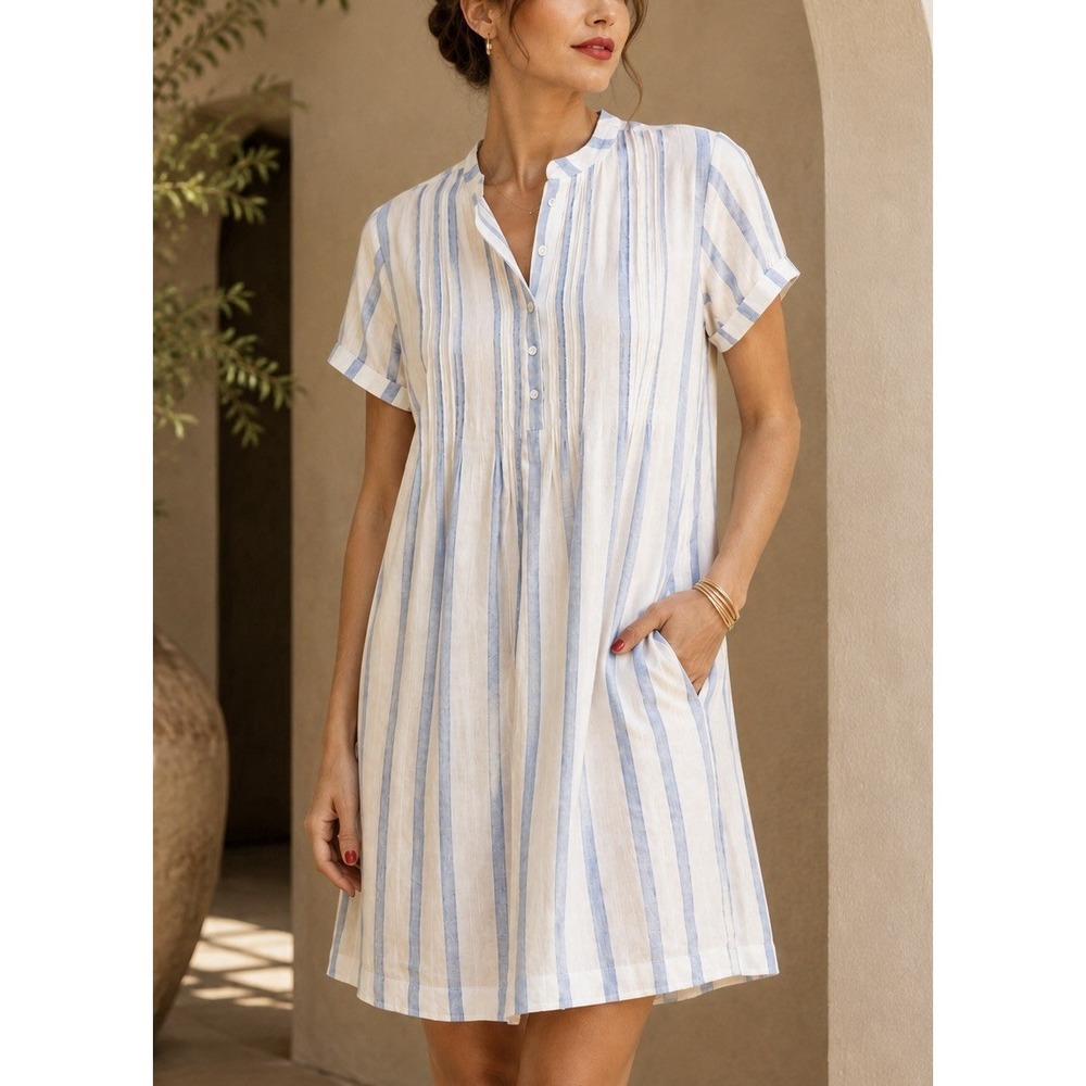 Faherty 100% Linen Shift Dress Coquette Pockets Coastal Nautical Blue Stripes M